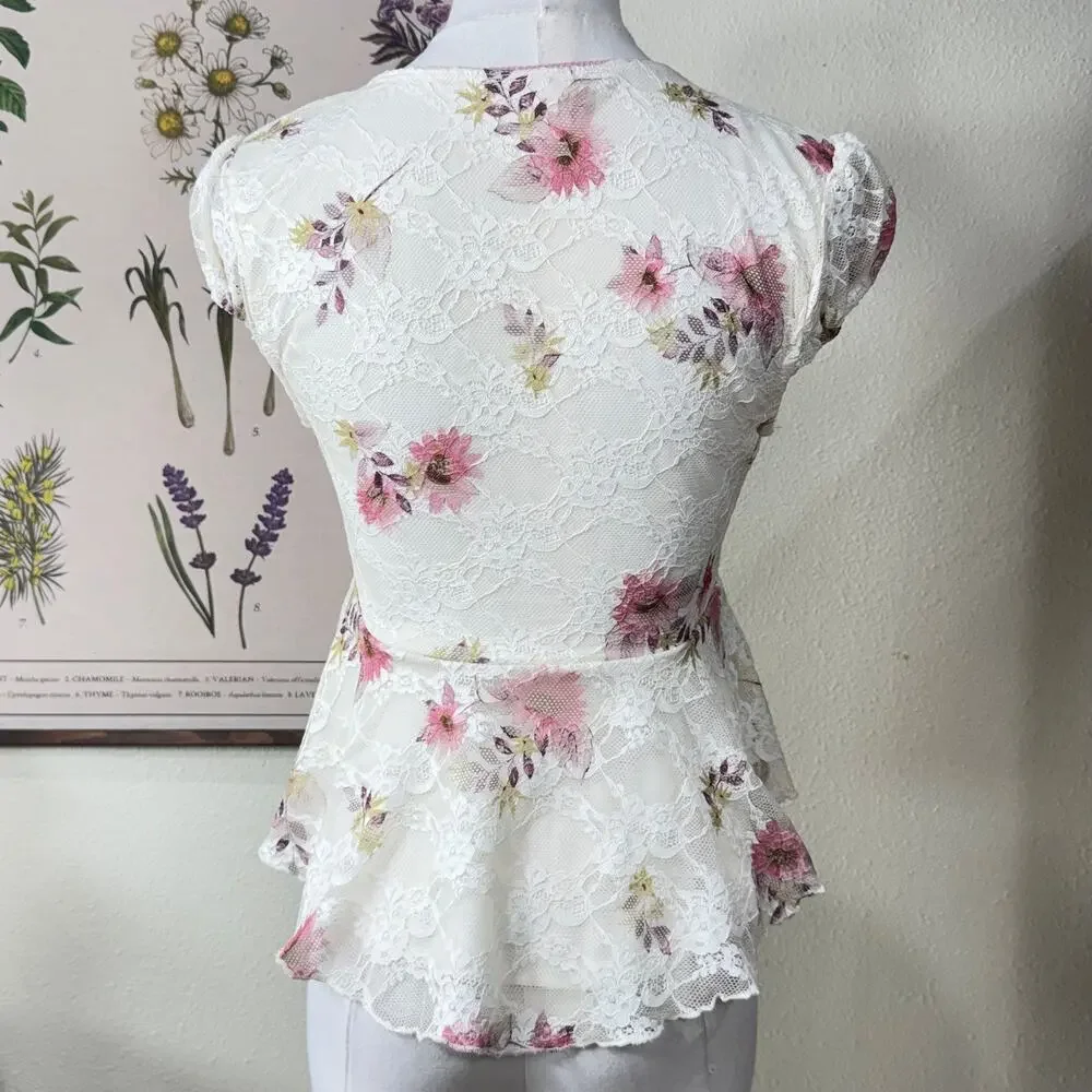 Floral Lace Babydoll Top Dolly Coquette Romantic Fairy Forest Femme Dainty S